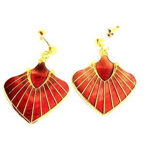 Jon St Paul Earrings Vintage Red Enamel Fan Gold Art Deco Dangle Drop Signed MCM